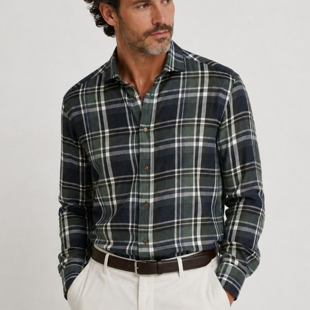 Brunello Cucinelli Basic Fit Button up Shirt Green Plaid Flannel cotton sz Large